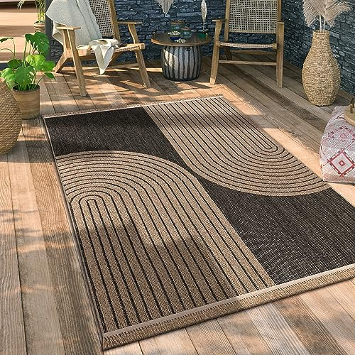 Paco Home Hochwertiger Outdoor Teppich Wetterfest & Pflegeleicht Jute-Sisal-Optik mit Fransen & Hoch-Tief-Effekt Langlebig für Terrasse, Balkon, Garten & Küche, Grösse:200x280 cm, Farbe:Anthrazit