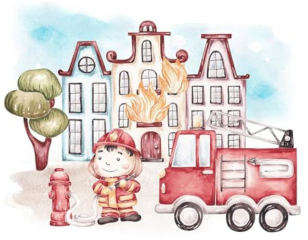 GRAZDesign Wandtattoo Feuerwehr Kinderzimmer & Babyzimmer mit Häuser, Wandaufkleber Junge für Kleinkinder, Wanddeko als Sticker - 72x57cm