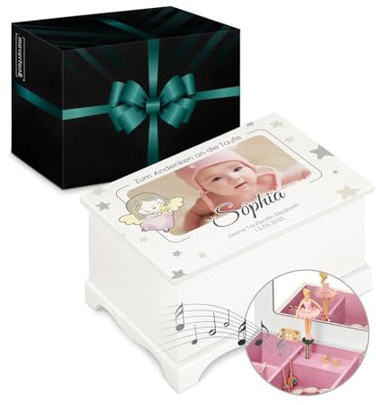 Maverton personalisierte Musikschmuckdose mit eigenem Foto - Schmuckkästchen Ballerina Spieldose - Schmuckkiste in Herzform für Mädchen - Musikspieldose zur Taufe Kommunion - zu Weihnachten - Sterne