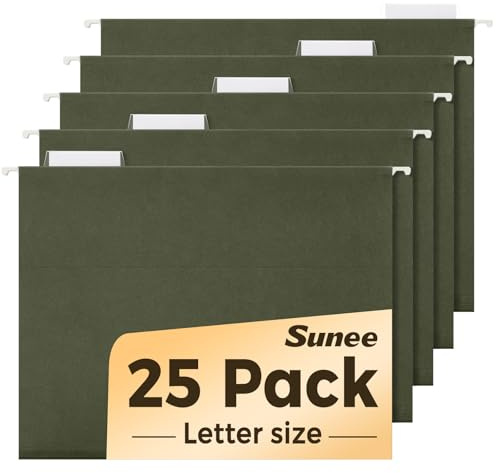 SUNEE Hanging File Folders, 25 Pack Reinforced Hang Folders Letter Size, Adjustable 1/5-Cut Tabs, Designed for Bulky Files, Filing Cabinet, Standard Green