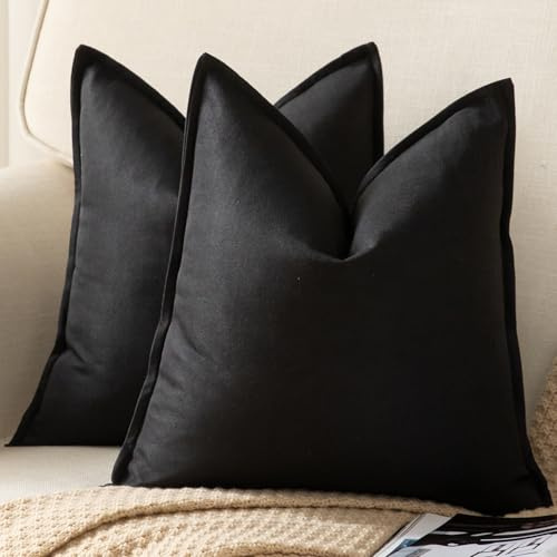 Yaertun 2er Set Leinen Reine Farbe dekorative Kissenbezug Moderne Kissenbezüge Schlafzimmer Sofa Wohnzimmer Dekokissen Bett Kissenhülle Sofakissen 45 x 45 cm Schwarz