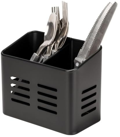 volumoon Escurridor Cubiertos, Soporte para Utensilios, Escurre Cubiertos, Cesta para Cubiertos de Acero Inoxidable, Escurridor de Cubiertos con 2 Compartimentos para Cucharas, Tenedores(Negro)