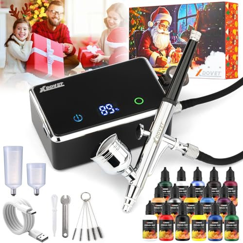 XDOVET Airbrush Set mit Farblack 16 Farben/ 20ml, Verbessertes 32 PSI Dual-Action mit Modellbau Farbstoffe, Tragbares Airbrush Set mit Kompressor für Färbung