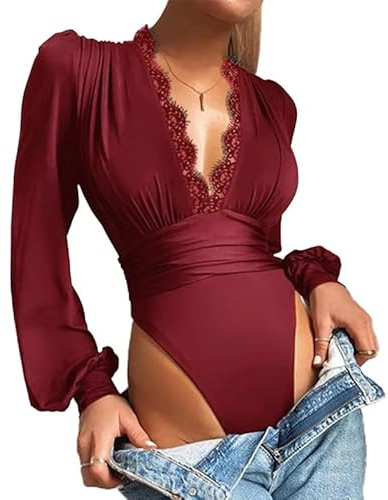 SUIUOI Body Donna Manica Lunga Elegante Sexy Scollo a V in Pizzo Lingerie Bodysuit Body con Scollo a Tessere Casual Camicetta Manica a Lanterna Chic Maglietta Blusa Clubwear Bodysuit