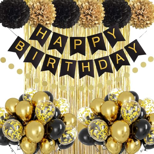 Geburtstag Dekoration Set, Mann Frauen Geburtstagsdeko, Schwarz Gold Happy Birthday Banner, Luftballons DIY Party Papier Pompoms Lametta Vorhang für Jungen Mädchen Geburtstag Deko Party Supplies