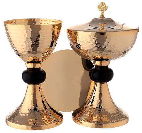 Holyart Cáliz copón Patena latón Dorado Martillado Nudo Negro, CálizAltura: 20 cm|Altura cáliz: 20 cm|Altura píxide: 24 cm