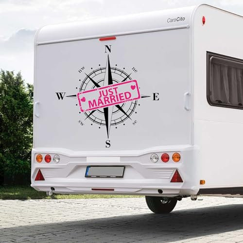 Boussole Just Married - Autocollant en forme de cœur - Taille et couleur au choix - Pour remorque de camping-car, caravane - Motif boussole - Rose des vents