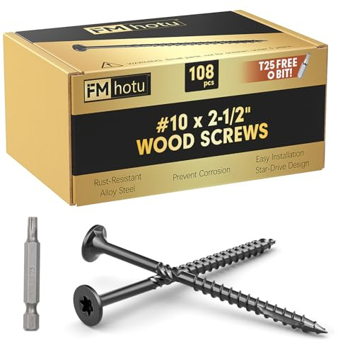 #10 x 2-1/2” Deck Screws, 108Pcs Star Drive Wood Screws, Rust Resistant Timber Screws for Timber/Log/Landscaping Wood, T25 Star Bit Included, Black