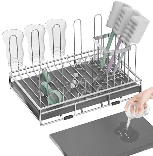 chilinii Baby Bottle Drying Rack Organizer Stainless Steel Large Countertop Glass Water Bottle Dryer Holder with Diatomite Stone Quick Dry Easy Clean and Brush Holder