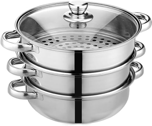 Bargain Crown 22cm 4-Piece Stainless Steel Steamer Set | 3-Tier Pot with Glass Lid & Capsulated Bottom | High-Quality Kitchen Tools for Healthy Cooking | Perfect for Vegetables, Fish, Meat & More