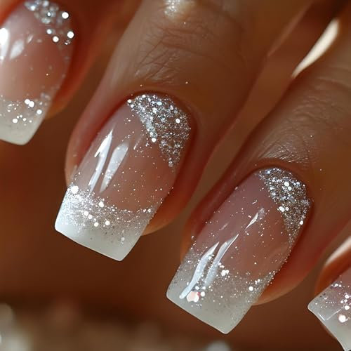 Ceboic 24 Pièces Faux Ongles Français, Carré Court Ongles à Coller Nude Paillettes Press on Nails, Couverture Complète Acrylique Ongles Réutilisables, Ensembles de Manucure pour Femme Fille Nail Art