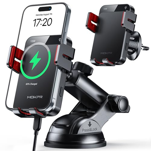MOKPR 15W Support Telephone Voiture Induction | [Serrage Automatique] Chargeur Induction Voiture, Grille d'aération Tableau de Bord Pare-brise pour iPhone Samsung Huawei LG