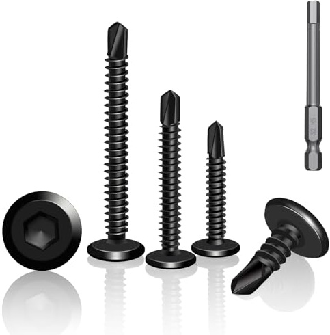 YFLeomry 60 Vis Auto-Taraudeuses en Acier Inoxydable 410, 5,5 x 25 mm, Tête Plate avec Empreinte Hexagonale, Noires vis autoforeuse Incluant Embout de Tournevis