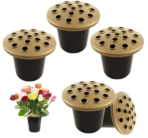 Grave Flower Holders with Golden lid pack of 5, Memorial Vases for Graves Strong Plastic Grave Flower Pots Insert in Grave-side, Grave Vase for Grave Decorations