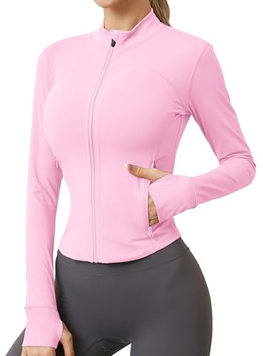 IECCP Toppar för löpning och gym, med dragkedja, tumhål och två sidofickor, t-shirt som andas för sport, träning, yoga och fitness, för kvinnor