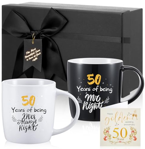 Geiserailie 2er Tassen zur Goldene Hochzeit Geschenk Zum 50. Hochzeitstag | 380 ml Mr Right and Mrs Always Right für Paare 50 Geschenk Valentinstag Hochzeitstag zur Goldenen Hochzeit Jahre mit Karten
