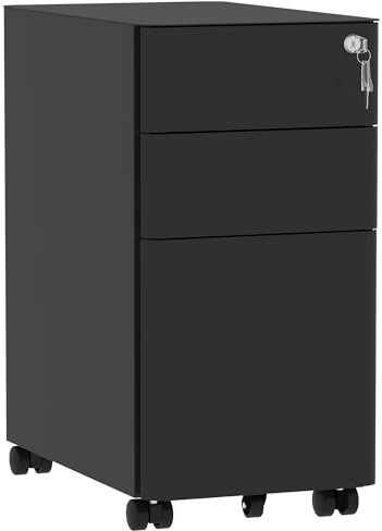 DWVO Rollcontainer 3 Schubladen Abschließbar Aktenschrank Stahl Schwarz | 46x30x59cm Stahl Rollcontainer für A4 Legal Letter, Rollen, Schloss, Mobiler Büroschrank mit rollen Büro Home Office
