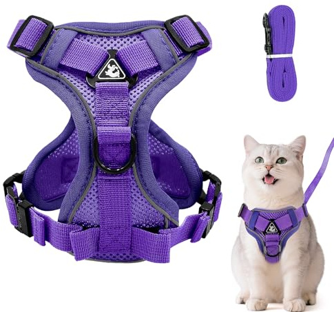 Verstellbares Katzengeschirr Ausbruchsicher, Katzengeschirr mit Leine Set, Softgeschirr für Katze Brustgeschirr für Katzen Kitten Hunde Welpen (Dunkelviolett, L)