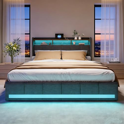 BRILVERDE Polsterbett 140x200 mit Stauraum, Doppelbett mit LED, Jugendbett mit 4 Schubladen, Funktionsbett, Bettgestell mit Lattenrost, Linen (Grau, 140 x 200 cm)