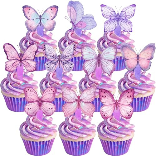 TELAIN 40 Pcs Lilac Butterfly Cupcake Toppers Elegant Decoration for Birthday Party, Baby Shower or Theme Table Toppers (10 Designs)