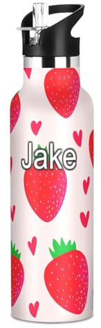 Personalisierte Kinder-Wasserflasche, 590 ml, individuelle Wasserflasche aus Edelstahl für Reisen oder Schule, BPA-frei, rote Erdbeeren, Herzen, Rosa