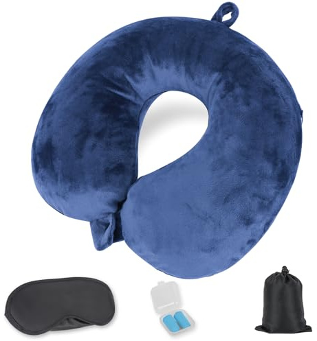 Cozary Nackenkissen Aufblasbar, Flugzeug Kissen, Kompaktes Nackenkissen Aufblasbar mit Schlafmaske und Ohrstöpseln, Reisekissen für Flugzeug, Zug, Büro-Blau