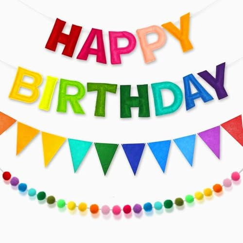Pre-Strung 3D Happy Birthday Banner-Felt Happy Birthday Decorations Ball Garland Pennant Flag Reusable Rainbow Birthday Decorations Multicolor Rainbow Bunting String Triangle Flags Birthday Party Decor