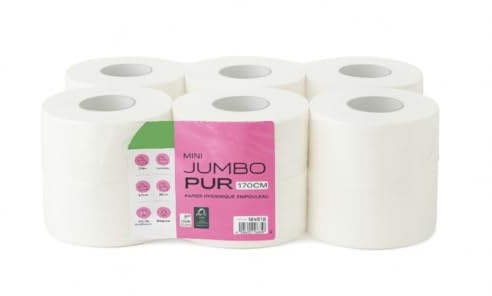 Papier Toilette Mini Jumbo 2 Plis 200m Pure Ouate Blanche Lot de 12 | Compatible Distributeurs Muraux, Doux & Résistant, Usage Pro, CHR, Sanitaires et Collectivités