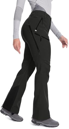 Moosehill Women's Snow Ski Pants: Fleece lined Waterproof Insulated Softshell Thermal Warm for Winter Snowboarding Outdoor Hiking with 4 Zippered Pockets (Black, 10)