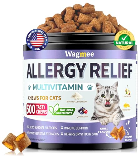 Cat Allergy Relief Chews with Omega 3 & Multivitamins, 500 Crunchy Chews | Cat Itchy Skin Relief with Quercetin and Probiotics, Chicken and Krill Flavor, Skin Support, for All Breeds and Ages