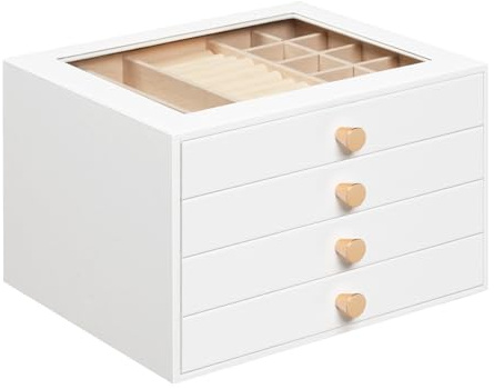 HOOBRO Joyero Moderno con 4 Cajones, Ventanilla Transparente y Forro de Terciopelo, Organizador de Joyas, 23 x 20 x 15,6 cm, para Anillos, Pendientes, Collares y Relojes, Blanco EWT25JB04