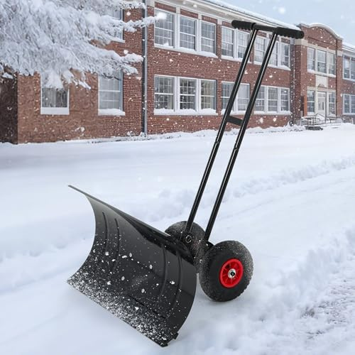 Premium Schneeschaufel Auf Rädern Höhenverstellbar, Ergonomisch & Wetterfest Schneeschieber Handschneeschieber Platzsparend Zusammenklappbar Aus Kaltgewalztes Eisen