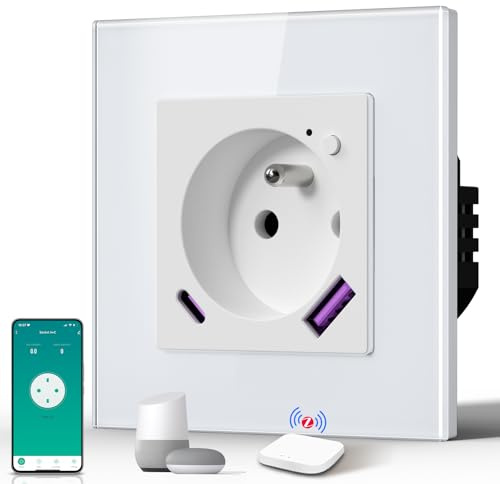 BSEED Prise Connectée Zigbee, Prise Programmable Electrique avec PD 20W USB/TYPE C, Fonction de surveillance énergétique, Compatible avec Alexa/Google Home/Tuya APP(Hub Zigbee Requis), 86mm, Blanc