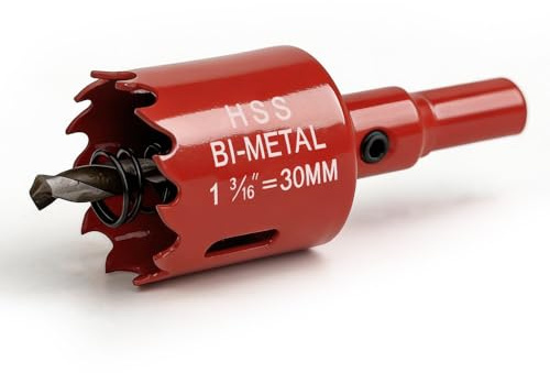 Lochbohrer Holz,30mm Lochsäge,Universal HSS M42 Bi-Metall Lochkreissäge | Lochkreissäge Rote mit Dreiecksschaft Adapter und Zentrierbohrer,Für Holz,Dünnes Metall,PVC-Platte und Kunststoff