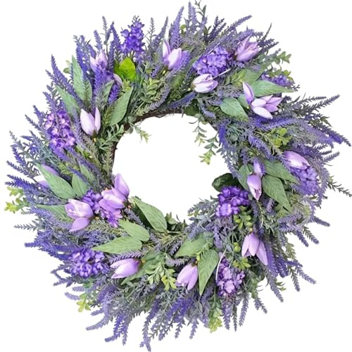 26 Artificial Lavender Wreath for Front Door - Purple Tulip Spring Summer Wreaths for Outside Farmhouse Wall Hanging Decor - Silk Floral Large Wreath for Mother's Day,Porch,Gifts