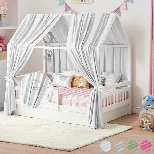 Hausbett Himmel, 2PCS Betthimmel Hausbett, Musselin himmelbett vorhänge, Hausbett Vorhang für Hausbetten, Kinderzimmer Deko Stoffhimmel für Mädchen Jungen Baldachin Kinderbett (H350 x B135CM, Weiß)
