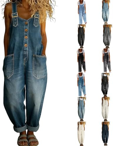 Denim Dungarees for Women UK Womens Jumpsuits Summer Baggy Straight Leg Stretch Bib Sleeveless Overalls Vintage Adjustable Straps Plus Size Work Jump Suit with Pockets