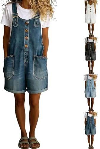 HOOUDO Denim Overalls for Women UK Summer Baggy Dungarees Ladies Straight Leg Bib Overall Jumpsuits Sleeveless Vintage Adjustable Straps Playsuits Plus Size Work Jump Suit Jean Pants with Pockets