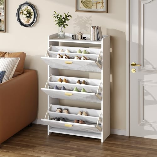 VIEKOS Scarpiera bianca in MDF, 70 x 30 x 120 cm, 3 ante inferiori a ribalta, 6 ripiani per scarpe, corridoio, soggiorno, design sottovuoto, larghezza della cassa regolabile