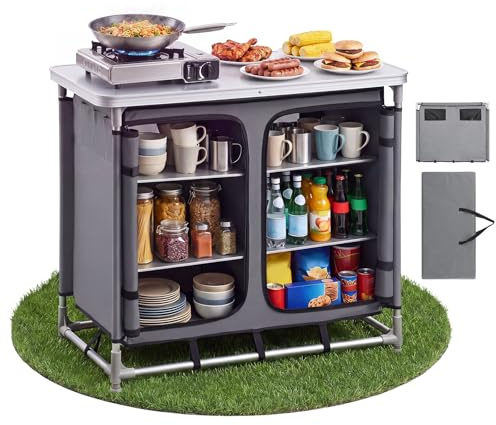 VEVOR Folding Camping Storage Cabinet, Outdoor Portable Lightweight Table | Aluminum Quick Set-up Compact Kitchen Cook Station, with Shelves and Carry Bag, for Picnic, BBQ, Camping, RV Traveling