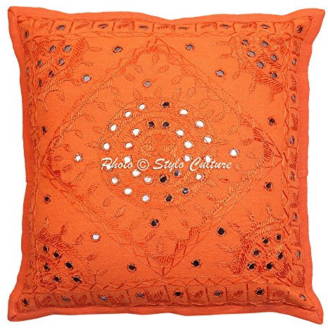 Stylo Culture Boho Forros para Cojines Decorativos 40x40 cm Algodón Espejado Fundas De Almohadones Dormitorio Naranja 16x16 Inch Bordado Cuadrado sobre Fundas para Cojines De Sofas - 1 Pc