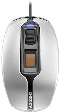 CHERRY MC 4900, Kabelgebundene Maus mit Fingerabdruck-Sensor, Einfacher Logon & Authentifizierung, Optischer Sensor, Symmetrisches Design, Schwarz/Silber