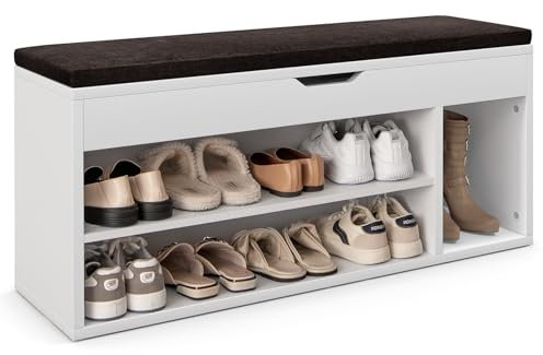 COSTWAY Schuhbank mit Sitzfläche und Stauraum, 104 x 30 x 48 cm, Garderobenbank Schuhregal Holz, Schuhablage Schuhschrank aufklappbar, Sitzbank mit Regal, Sitzkissen (Weiß)