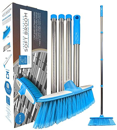 Soft Broom Indoor Sweeping Broom Brush with Stainless Steel Handle - The Perfect Indoor Sweeping Kitchen Floor Brush Broom for Your House - The Long Handled Sweeper (Blue)