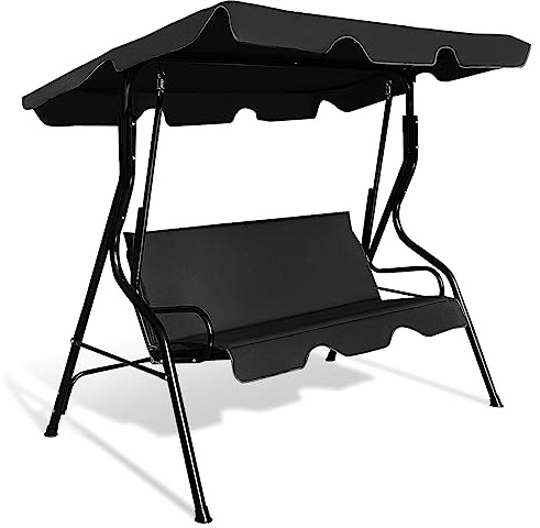 COSTWAY Dondolo da Giardino 3 Posti con Tettuccio Regolabile, Cuscino Removibile, Sedia Sospesso con Struttura in Metallo, Portata 225 kg, 172 x 110 x 154 cm (Nero)