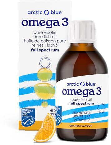 Arctic Blue Omega 3 Fischöl – 150 ml flüssig – hochdosiert mit DHA, EPA und Vitamin D – ohne Aufstoßen oder Fischgeruch – arktisches Fischöl – MSC-Zertifiziert – Orangengeschmack