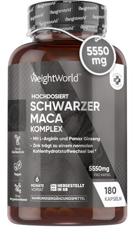 Maca-kapslar – 5550 mg per kapsel – 6 månaders förbrukning – Svart och gul maca-komplex med L-arginin, Panax ginseng, svartpeppar och zink – 180 kapslar – Kvinnor och män – Glutenfri – WeightWorld