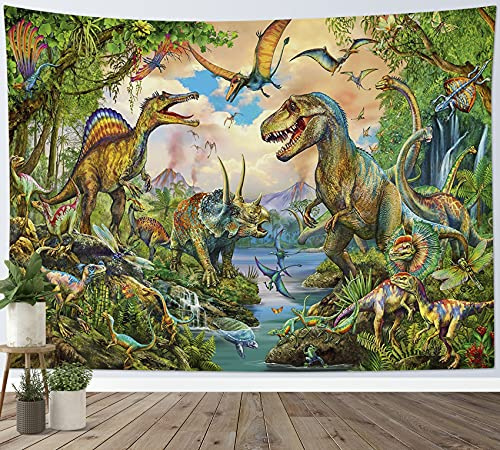 LB Dinosaurier Wandteppich Grün Dschungel Wandbehang,Tiere Wandtuch Tropische Pflanzen Tapisserie für Kinder Schlafzimmer Wohnzimmer Wohnheim Wanddeko,Geburtstag Party Hintergrund,200x150cm