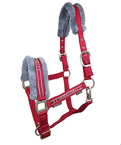 Horsenjoy Pferde Halfter Faux Fur-Polsterung Reithalfter Stallhalfter Weidehalfter (Full, rot)
