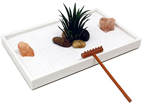 Nature's Mark Mini Zen Garden Kit for Desk with White Sand, Rake, White Base, Salt Rock and Air Plant (Rectangle)